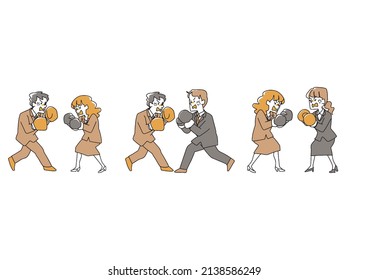  Businessman set fighting with boxer gloves Comical handwritten person vector, simple color on line drawing
