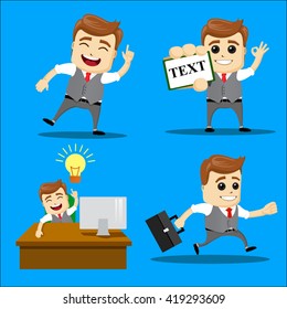 Businessman set. Set of funny cartoon office worker in various poses. Vector Illustration.  Office man set: showing a white blank for text. Happy worker at his desk having an idea. 