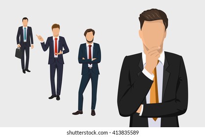 Businessman set. Handsome successful men dressed in a suit. Portrait of Full length. Thinking, solution, consulting, start up concept. Vector illustration isolated on white background