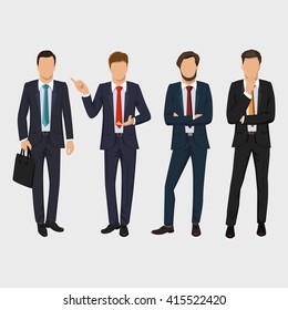 Businessman set. Handsome successful men dressed in a suit. Portrait of Full length. Thinking, solution, consulting, startup concept. Vector illustration isolated on white background