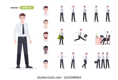Businessman set isolated. Man in the workplace. Office worker in suit. Cartoon people in different poses and actions. Cute male character for animation. Simple design. Flat style vector illustration.