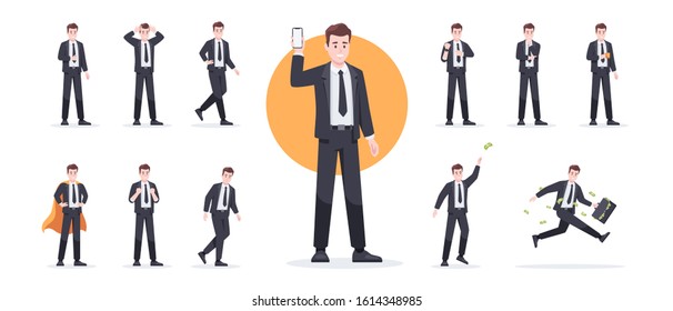 Businessman set isolated. Man in the workplace. Office worker in suit. Cartoon people in different poses and actions. Cute male character for animation. Simple design. Flat style vector illustration.