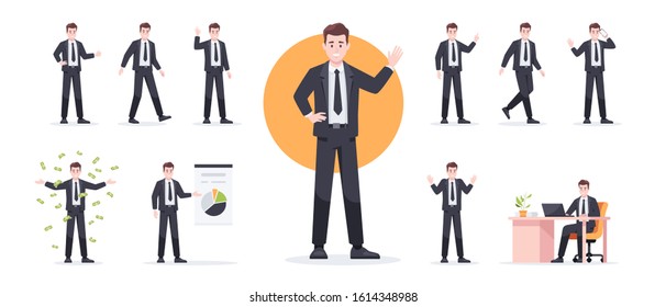 Businessman set isolated. Man in the workplace. Office worker in suit. Cartoon people in different poses and actions. Cute male character for animation. Simple design. Flat style vector illustration.