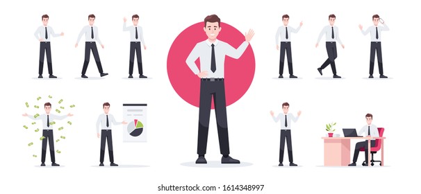Businessman set isolated. Man in the workplace. Office worker in suit. Cartoon people in different poses and actions. Cute male character for animation. Simple design. Flat style vector illustration.