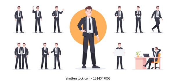 Businessman set isolated. Man in the workplace. Office worker in suit. Cartoon people in different poses and actions. Cute male character for animation. Simple design. Flat style vector illustration.