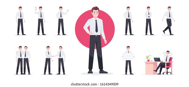 Businessman set isolated. Man in the workplace. Office worker in suit. Cartoon people in different poses and actions. Cute male character for animation. Simple design. Flat style vector illustration.