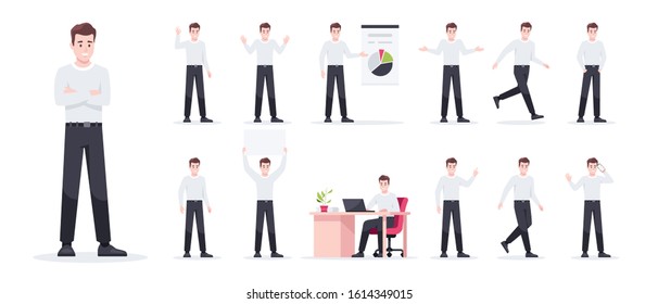 Businessman set isolated. Man in the workplace. Office worker in suit. Cartoon people in different poses and actions. Cute male character for animation. Simple design. Flat style vector illustration.