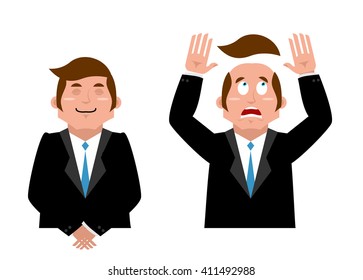 Businessman set. Joyful man in suit. Man and wig. Scared manager lost his hair. Artificial hair flew with bald head. Man in confusion
