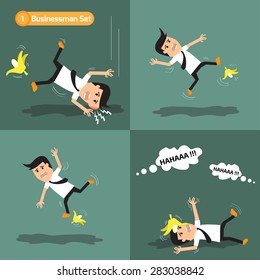 Businessman set: man slipping on a banana peel in abstract failure worker vector illustration.