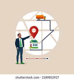 Businessman set pick up location in Mobile delivery app, online order and delivery process. Mobile delivery concept