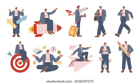 Empresário definido. Homem profissional em vários cenários, incluindo viagens, cumprimento de prazos, e visando o sucesso. Etapas e realizações da vida corporativa. Ilustração vetorial.