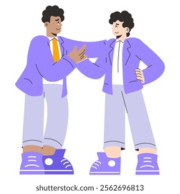 Businessman set. Two professionals in a friendly interaction at the workplace, exhibiting teamwork and rapport. Casual corporate attire adds a modern touch. Vector illustration.