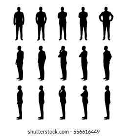 Businessman set of vector silhouettes. Man in suit in various poses from three different angles. Manager, lawyer, broker, boss, teacher