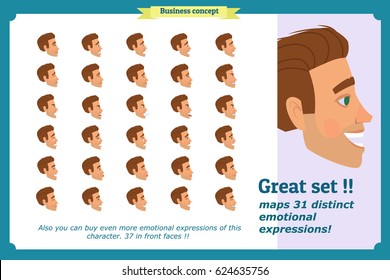 Businessman. Set young man's portraits in profiles. Isolated vector on white. Emotions