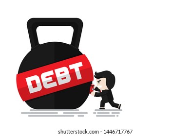 Businessman sets up dynamite bomb on kettlebell with word DEBT for break the debt, Flat design character, illustration element, Break the debt Concept
