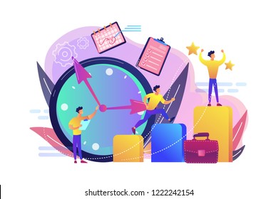 Businessman sets goals and runs up on graph columns for success on time. Self-management, self regulation learning, self-organization course concept. Bright vibrant violet vector isolated illustration