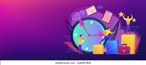 Businessman sets goals and runs up on graph columns for success on time. Self-management, self regulation learning, self-organization course concept. Header or footer banner template with copy space.