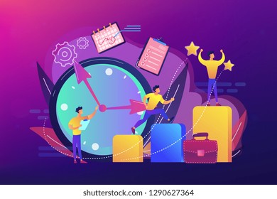 Businessman sets goals and runs up on graph columns for success on time. Self-management, self regulation learning, self-organization course concept. Bright vibrant violet vector isolated illustration