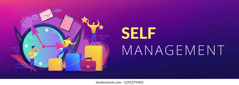 Businessman sets goals and runs up on graph columns for success on time. Self-management, self regulation learning, self-organization course concept. Header or footer banner template with copy space.