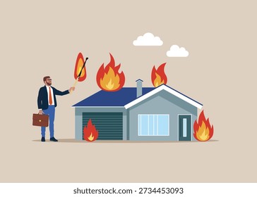 Empresario Conjuntos una casa en llamas. Casa con Fuego. Fuerte fuego. Moderna Ilustración vectorial plana.
