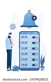 El hombre de negocios establece las notificaciones y el reloj despertador en el teléfono inteligente. Gran timbre, aplicación de gestión de tiempo en la pantalla del teléfono móvil. Empleado pensando en el calendario de reuniones. Ilustración de vector