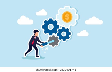 A businessman setting up a gear machine labeled with dollar coins, illustration of maintenance and system adjustments to align with dollar valuation  