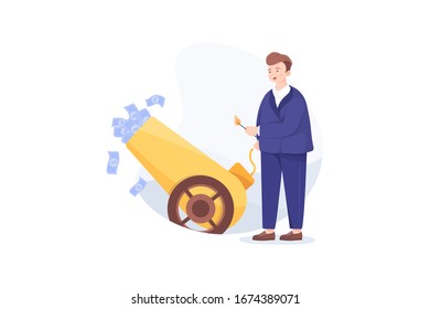 Businessman is setting on fire the cannon to fly money out of it . Vector illustration