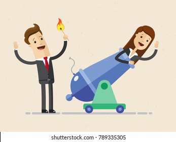 Businessman Is Setting On Fire The Cannon. The Woman Fly Out Of The Cannon For Making A First Jerk Of His Business.