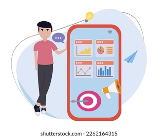 businessman setting up project data presentation on smartphone. mobile marketing. businessman presentation data infographics. mobile marketing. mobile data analysis. online data analysis
