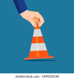businessman is setting up a road cone. The idea of setting up a business. vector illustration