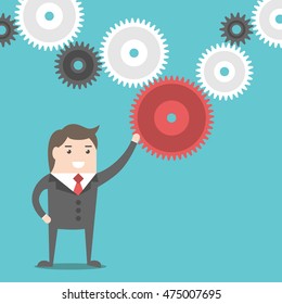Businessman setting or rotating cog wheel, moving complex mechanism. Business, teamwork and management concept. Flat style. EPS 8 vector illustration, no transparency