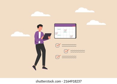 Businessman setting to-do tasks, reminders and checking schedule list in online calendar with tablet. Schedule and planning concept. Flat vector illustrations isolated.