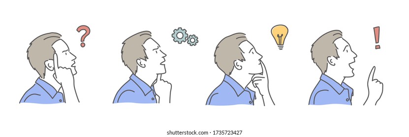 Businessman with settings and idea icons, question and exclamation mark. Hand drawn vector illustration set.