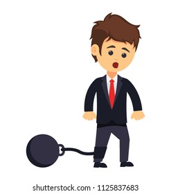 A businessman shackled to a huge iron ball, business law and crime concept