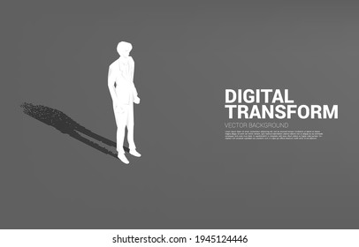 Empresario con sombra de píxel de punto digital. concepto de negocio de transformación digital y huella digital.
