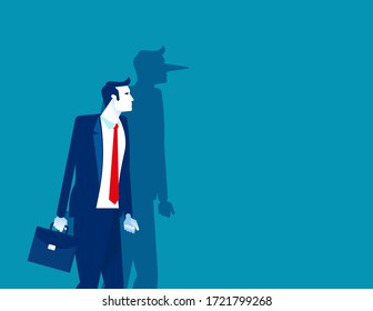 Businessman Of Shadow Of His Long Nose. Lying People Concept. Flat Cartoon Vector Illustration Style