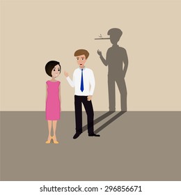 Businessman with shadow of his long nose, who is actually liar. man lying.