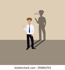 Businessman With Shadow Of His Long Nose, Who Is Actually Liar. Man Lying.