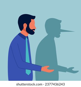 Businessman with shadow of long lie nose in flat design. Business male cheater liar. Betray dishonest person