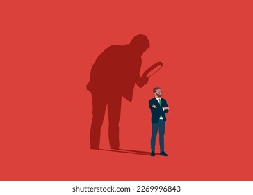 Businessman with shadow using magnifying glass to analyze himself. Self-assessment, find plan, goals life or work. Modern vector illustration in flat style