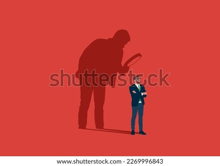 Businessman with shadow using magnifying glass to analyze himself. Self-assessment, find plan, goals life or work. Modern vector illustration in flat style