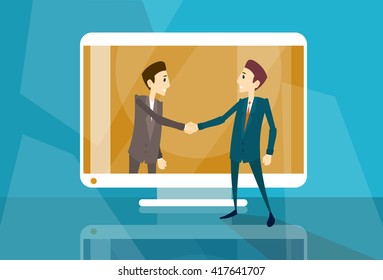 Businessman Shake Hand Web Virtual Internet Business Meeting Computer Screen Flat Vector Illustration