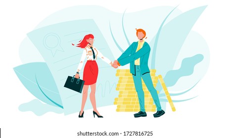 Businessman Shake Hand Woman B2b Vector. Businesswoman And Man Partner Handshake Make Relationship Deal, B2b Commerce Partnership And Cooperation. Flat Cartoon Illustration