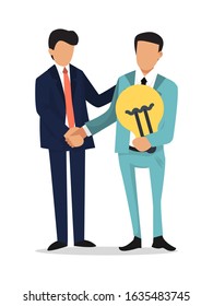 Businessman shake hands, hold idea bulb. Partnership, startup and search of investments concept. The men in suits holding light bulb and shaking hands