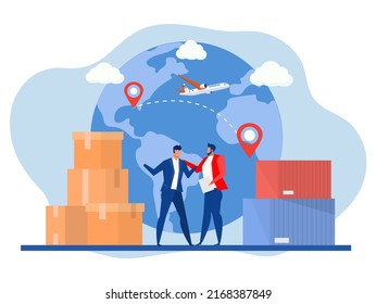 businessman shake hands, metaphor for logistics and business meetings Delivery logistics service for tiny businessman flat vector illustration.  website design or landing web page