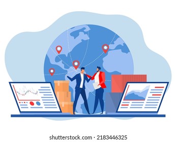 businessman shake hands, metaphor for logistics and business meetings Delivery logistics service ,stock market online laptop flat vector illustration.  website design or landing web page