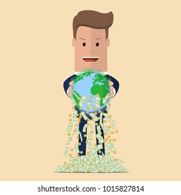 Businessman shake the world to make money. Man taking money from Globe. Vector illustration