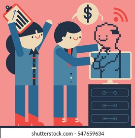 A businessman shakes the hand of a digital businessperson while a businesswoman cheers