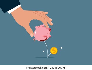 Businessman Shaking Empty Piggy Bank with No Money inside. Bankruptcy, Investment Decrease, Budget Deficit. 