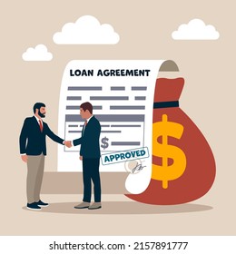 Businessman shaking hand and loan agreement   money bag  Loan agreement borrow money from bank  mortgage  debt obligation to pay back interest rate  personal loan financial support concept 